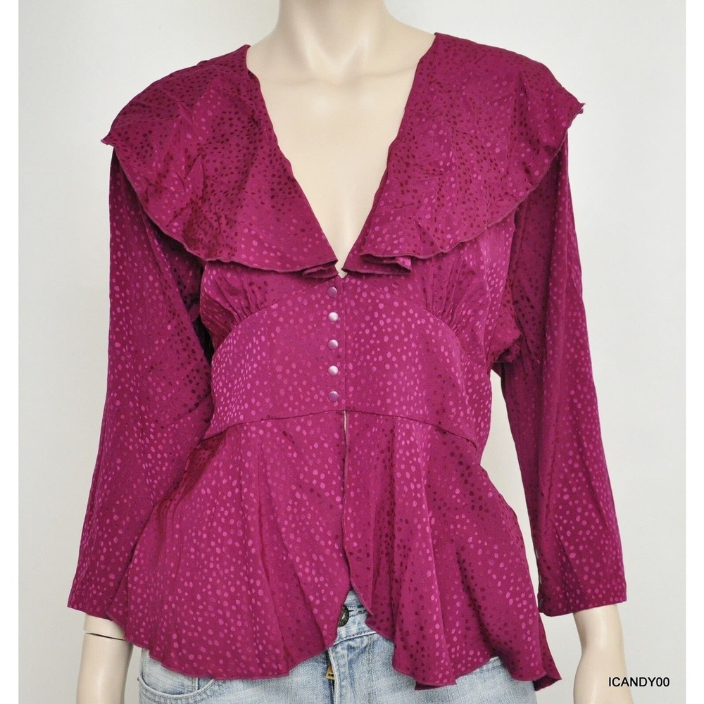 Catherine Malandrino Silk Pleated Peplum Blouse Top Shirt Fuschia 10 Nwt $325